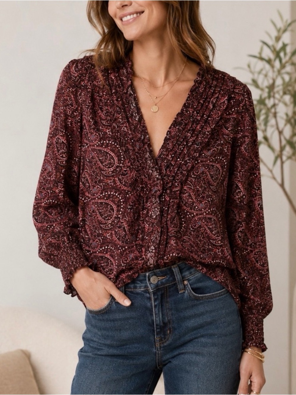 Evereve Burgundy Paisley V-Neck Ruffle-Trim Blouse